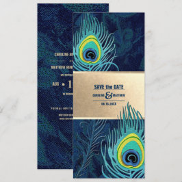 Invitación Reserva la fecha. Oro azul de la marina de plumas 