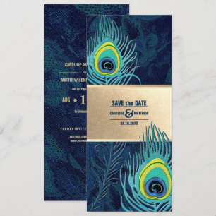 Invitación Reserva la fecha. Oro azul de la marina de plumas