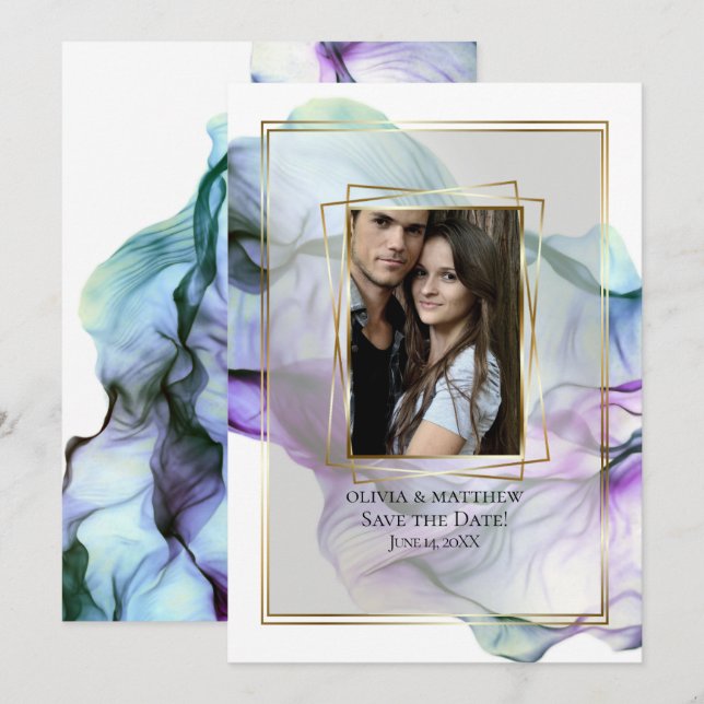 Invitación Reserva la fecha | Resumen de la tinta Verde azula (Anverso / Reverso)