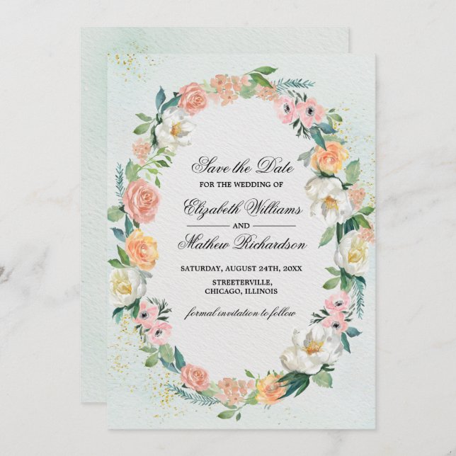 Invitación Reserva la fecha. Rosa Wreath Boda (Anverso / Reverso)