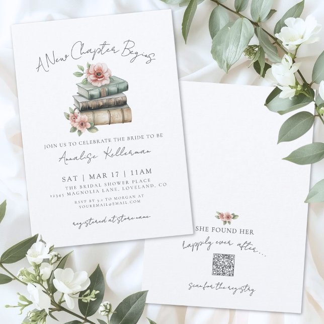 Invitación Reserva un Nuevo Capítulo Floral Despedida de Solt (Book New Chapter Floral Bridal Shower Invitation)