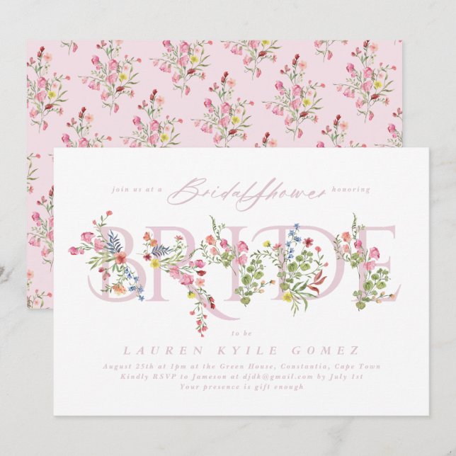 Invitación resorte floral rosa elegante BRIDE Bridal Shower (Anverso / Reverso)