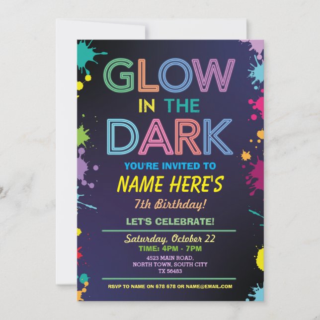 Invitación Resplandor En El Oscuro Cumpleaños Neon Paint Skat (Anverso)