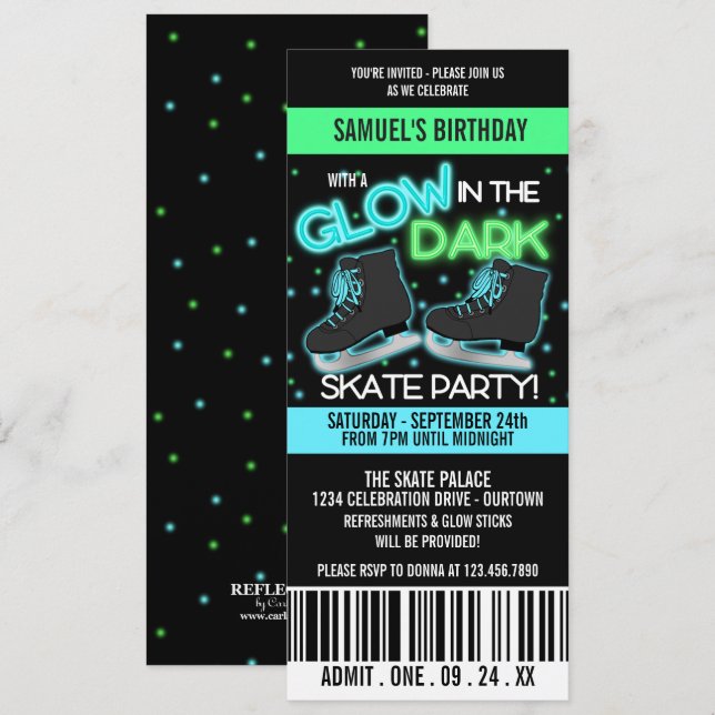 Invitación Resplandor en el oscuro Fiesta de patinaje sobre h (Anverso / Reverso)