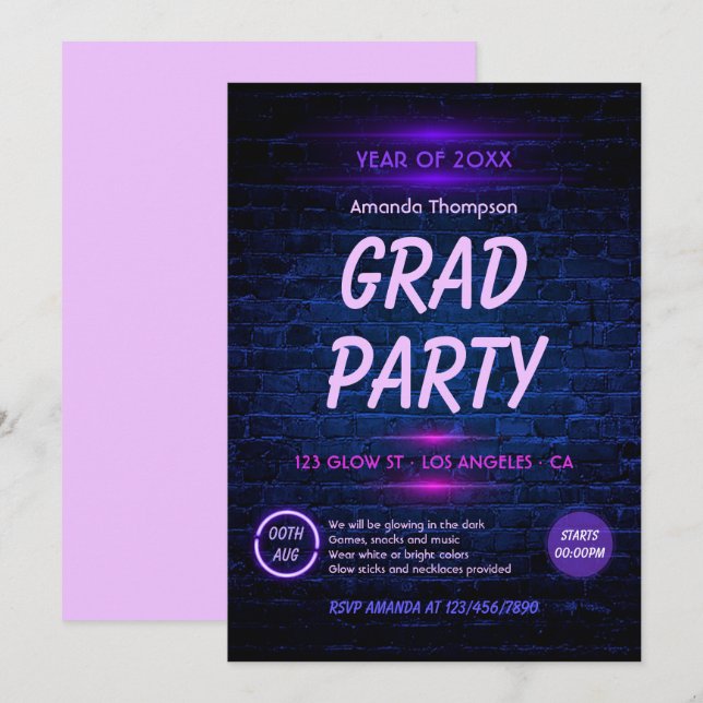 Invitación Resplandor en la fiesta de graduación de la discot (Anverso / Reverso)