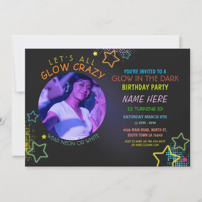 Invitación Resplandor En La Pinta De La Foto Del Fiesta Neon  (Anverso)
