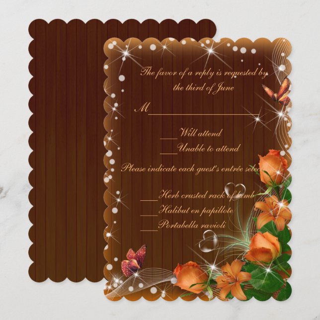 Invitación Respuesta Boda de mariposa floral de madera oscura (Anverso / Reverso)