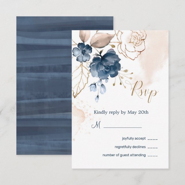 Invitación Respuesta de boda azul marino y dorado floral (Anverso / Reverso)