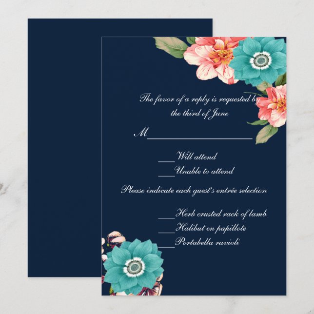 Invitación Respuesta de Boda Botánica Floral Azul y Rosa (Anverso / Reverso)
