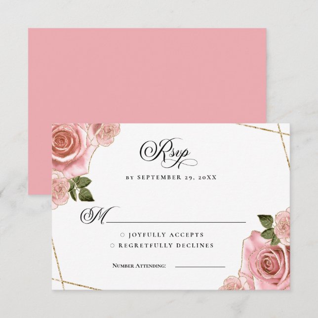 Invitación Respuesta de boda con brillo de rosas doradas y ru (Anverso / Reverso)