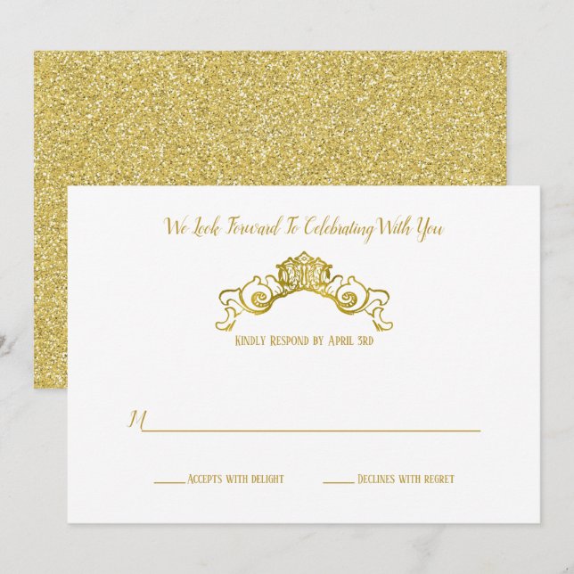Invitación Respuesta de Boda con Elegante Cresta Real de Oro (Anverso / Reverso)