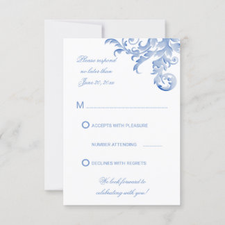 Invitación Respuesta de boda con floritura azul real acuarela
