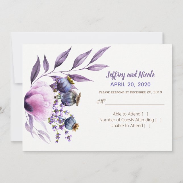 Invitación Respuesta de Boda de Acuarela con Amapola Lavanda (Reverso)
