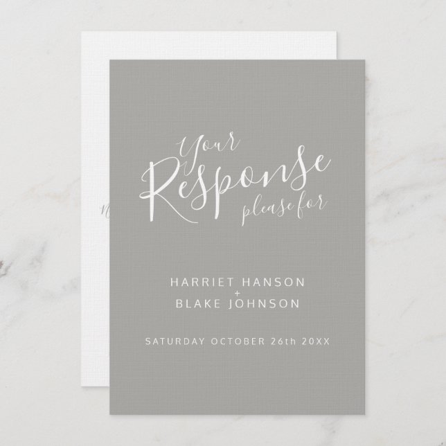 Invitación Respuesta de boda de corazón blanco gris (Anverso / Reverso)