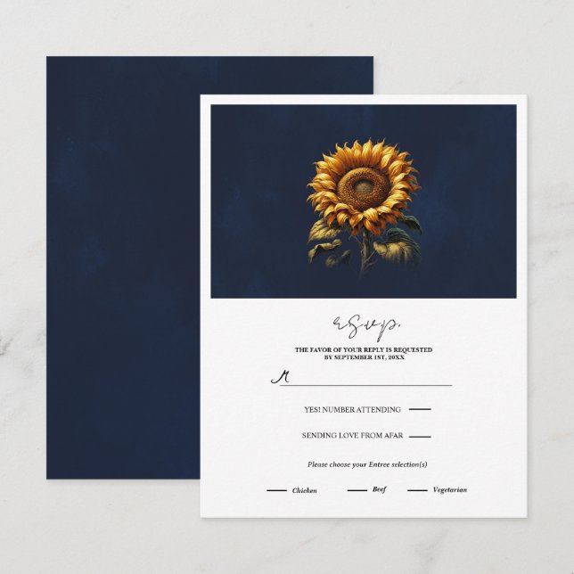 Invitación Respuesta de Boda de Girasol Rústico Azul (Anverso / Reverso)