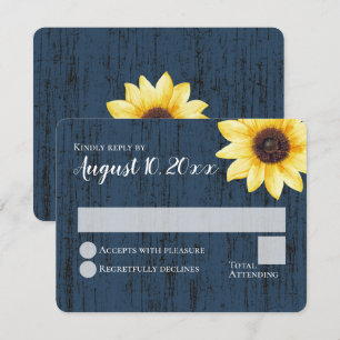 Invitación Respuesta de boda de madera rústica de girasol azu