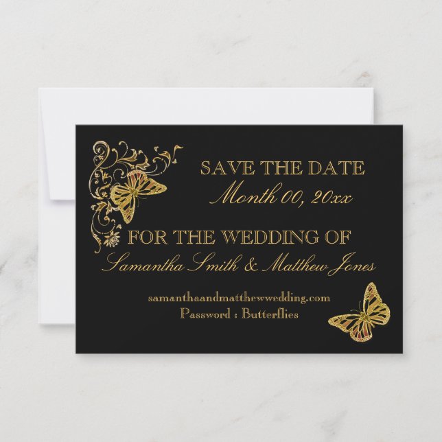 Invitación Respuesta de boda de mariposa de oro negro 02 (Anverso)