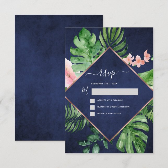 Invitación Respuesta de Boda de Palma Tropical Acuarela Azul  (Anverso / Reverso)