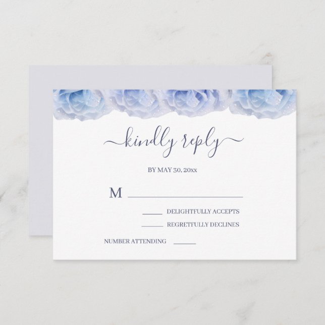 Invitación Respuesta de boda elegante de rosas azules pastel  (Anverso / Reverso)
