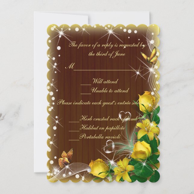 Invitación Respuesta de Boda Floral Amarilla de Madera Oscura (Anverso)