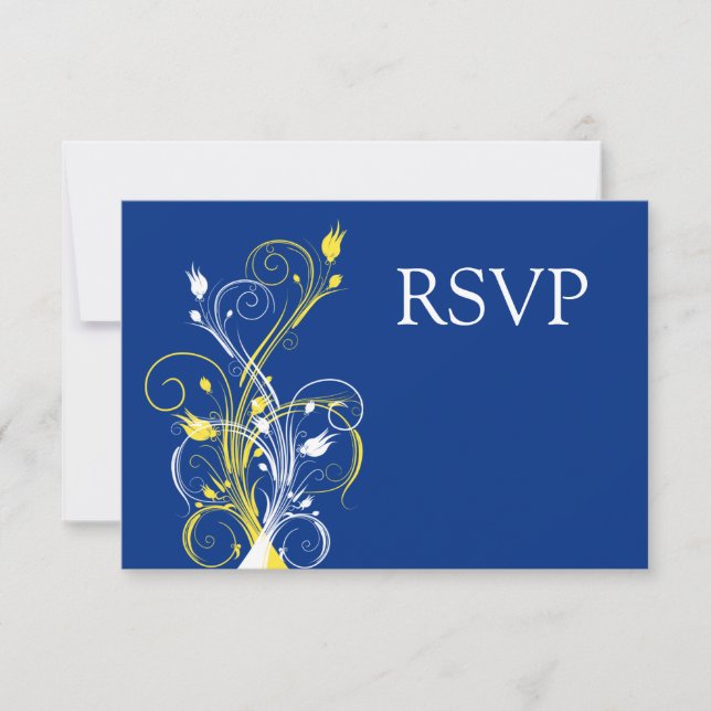 Invitación Respuesta de Boda Floral Azul Real, Amarillo, Blan (Anverso)