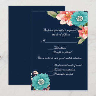Invitación Respuesta de Boda Floral Azul y Rosa Botánico