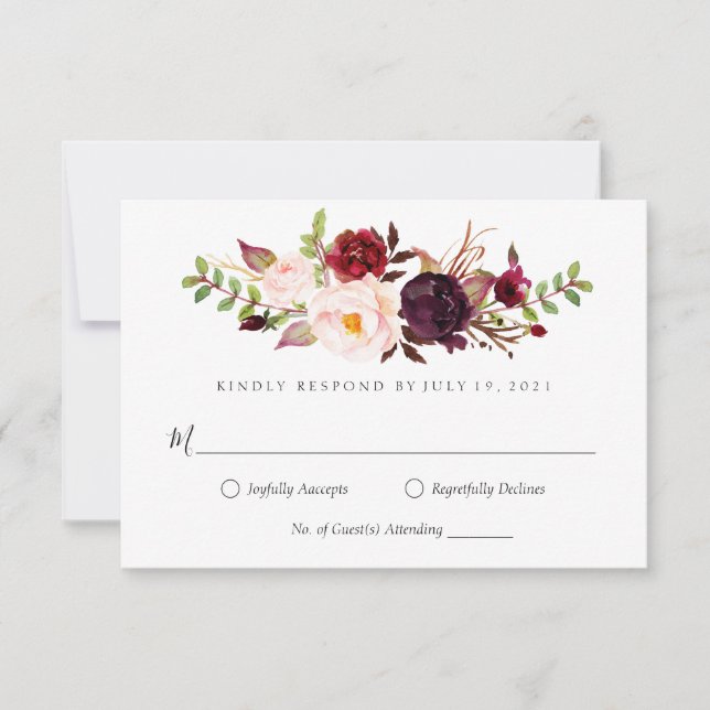 Invitación Respuesta de boda floral borgoña Marsala (Anverso)