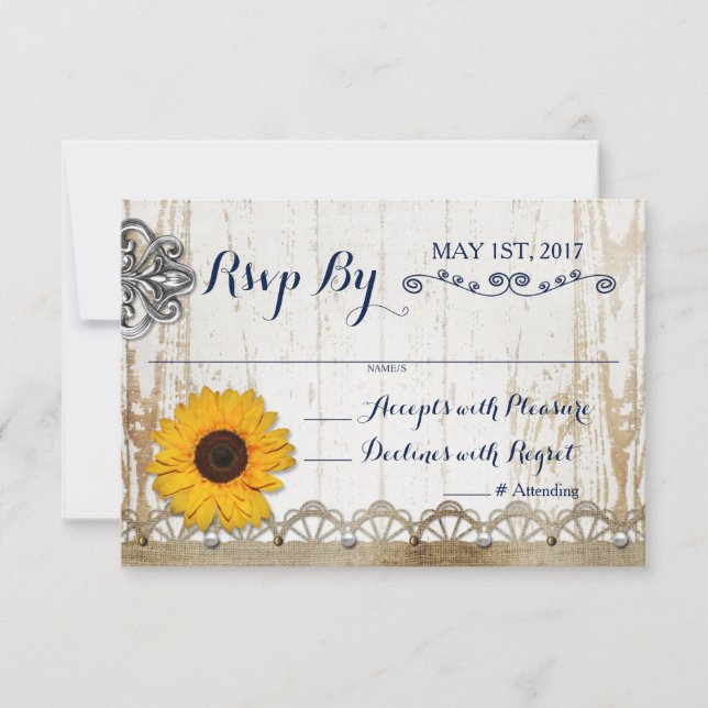 Invitación Respuesta de Boda Floral de Girasol de Madera Blan (Anverso)