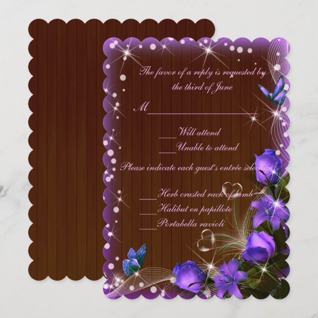 Invitación Respuesta de Boda Floral Morada de Madera Oscura R (Anverso / Reverso)