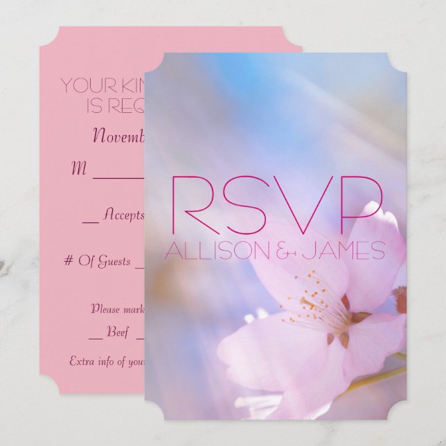 Invitación Respuesta de boda personalizable con flor de cerez (Anverso / Reverso)