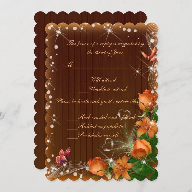 Invitación Respuesta de Boda Rústica de Madera Oscura Floral  (Anverso / Reverso)
