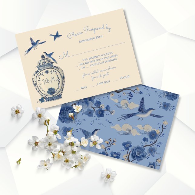 Invitación Respuesta de Chinoiserie Birds Topiary Wedding RSV (Subido por el creador)