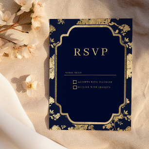 Invitación Respuesta de lujo azul marino y floral dorado