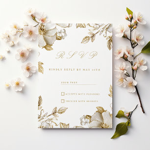Invitación Respuesta de lujo blanca y dorada floral