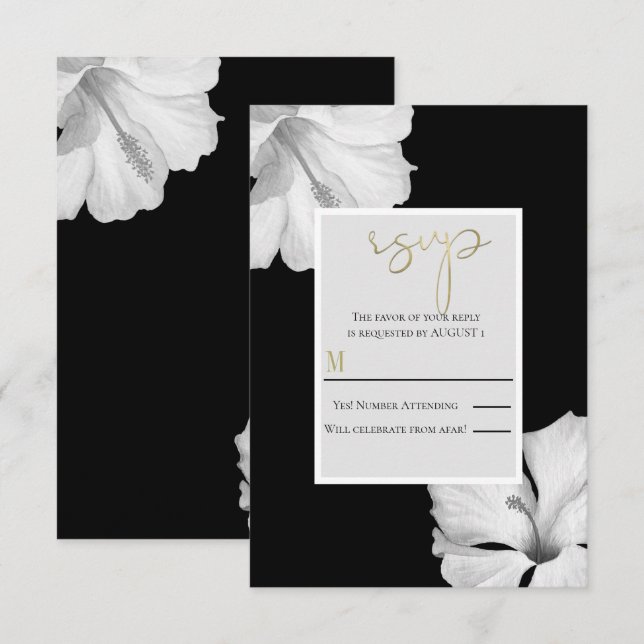 Invitación Respuesta de RSVP a la boda tropical negra de Hibi (Anverso / Reverso)