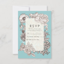 Invitación Respuesta de RSVP de Boda Azul Turquesa Floral Vin