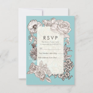 Invitación Respuesta de RSVP de Boda Azul Turquesa Floral Vin