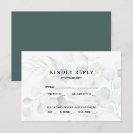 Invitación Respuesta de RSVP de boda de eucalipto verde azul 
