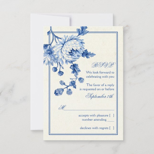 Invitación Respuesta de RSVP de Boda Floral Toile de Marfil A (Anverso)
