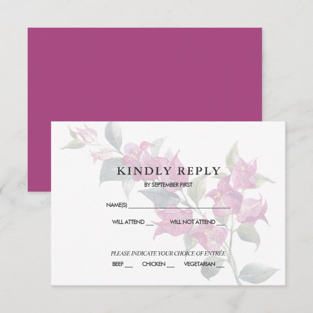 Invitación Respuesta de RSVP de Buganvilla Mediterránea Rosa (Anverso / Reverso)
