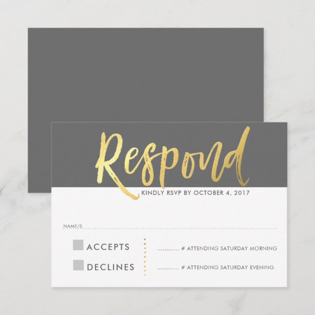 Invitación RESPUESTA DE RSVP RESPUESTA Faux gold tipo gris (Anverso / Reverso)