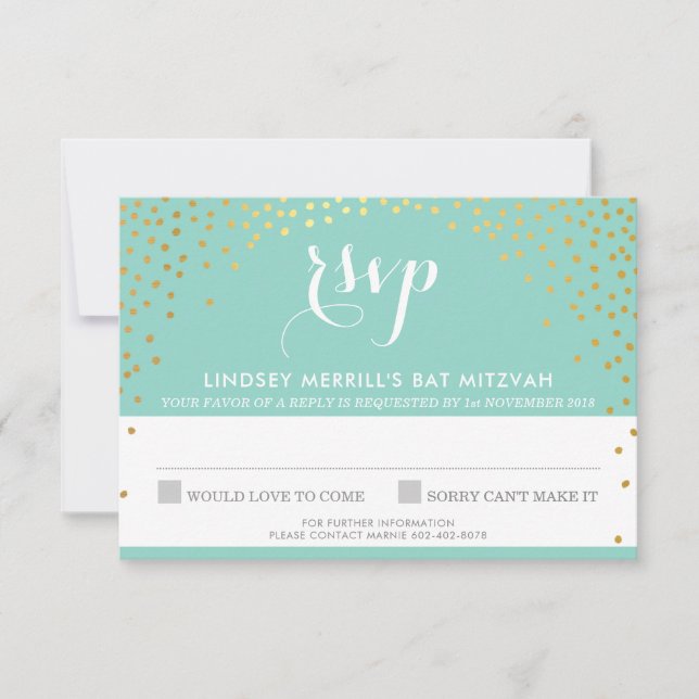 Invitación RESPUESTA DE RSVP rustic gold mini confetti mint (Anverso)