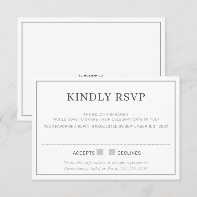 Invitación RESPUESTA DE RSVP simple minimal border gris (Anverso / Reverso)
