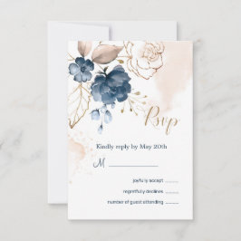 Invitación Respuesta del Boda azul marino floral y oro