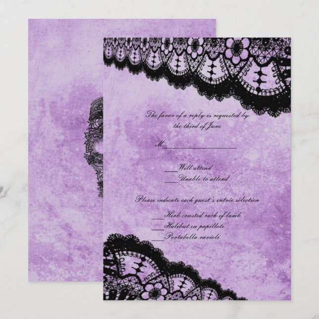 Invitación Respuesta del Boda de encaje negro gótico morado (Anverso / Reverso)