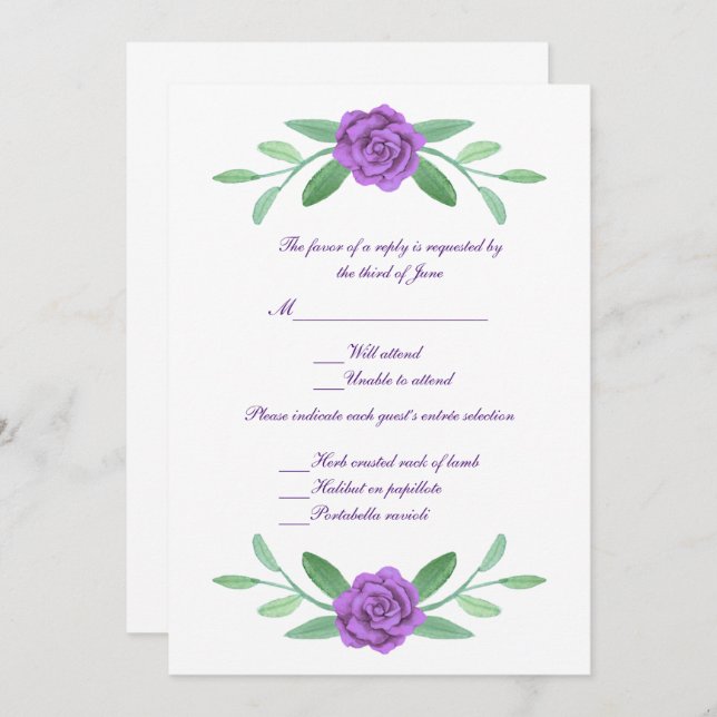Invitación Respuesta del Boda de follaje floral púrpura (Anverso / Reverso)