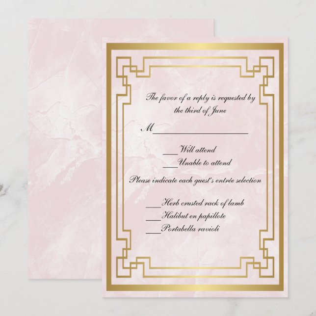 Invitación Respuesta del Boda de mármol rosa del marco geomét (Anverso / Reverso)