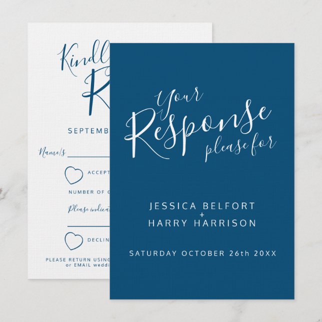 Invitación Respuesta del boda del corazón blanco azul RSVP (Anverso / Reverso)
