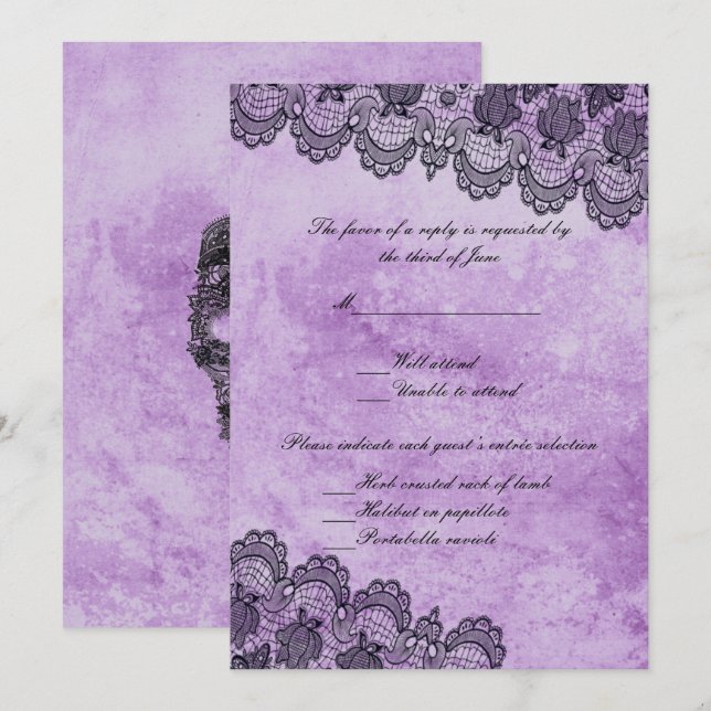 Invitación Respuesta del Boda gótico morado de encaje negro (Anverso / Reverso)