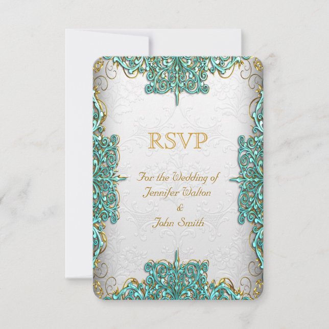 Invitación Respuesta RSVP Boda Ornata Blanco Teal Azul (Anverso)